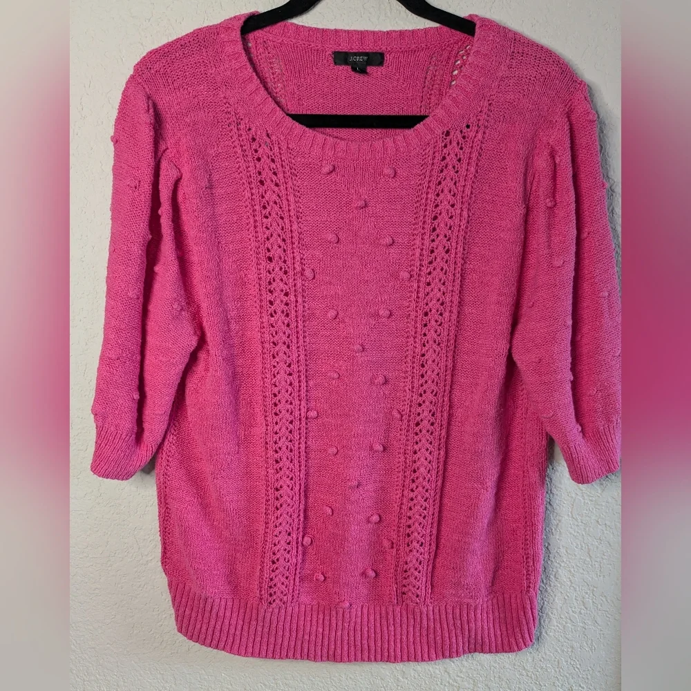 J. Crew Knit Crochet Sweater L Short Sleeve Pink L Knot Detail Excellent Barbie